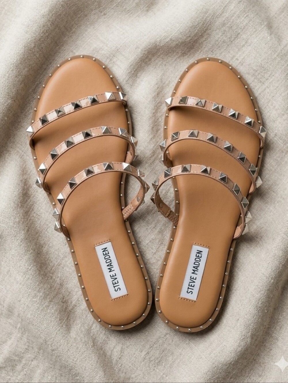 Steve Madden Skyler Studded Flat Slide Sandals Tan Clear Multi Strap.